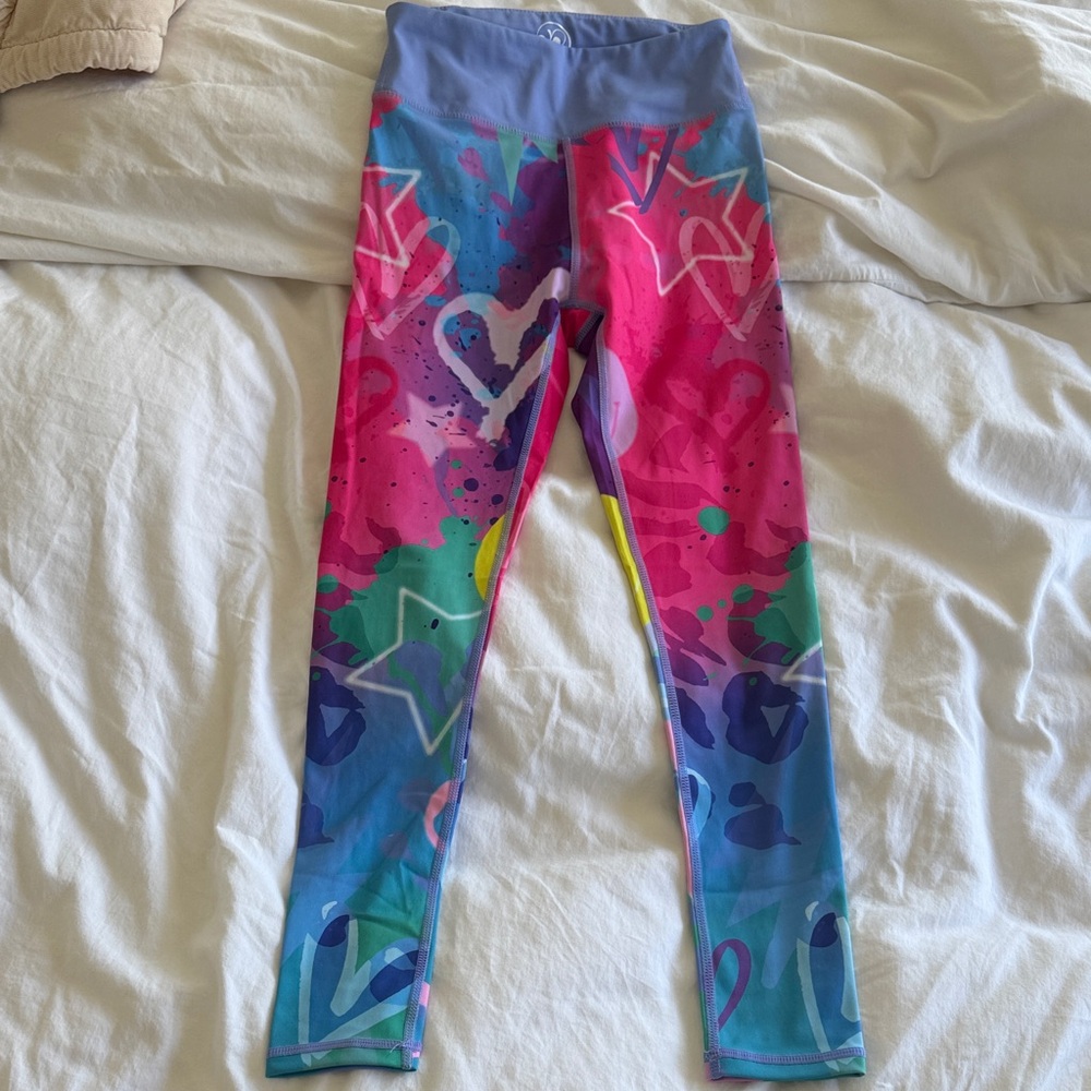 Never Worn Kids Colorful Heart & Star Active Leggings - Purple Pink Blue, Size 6